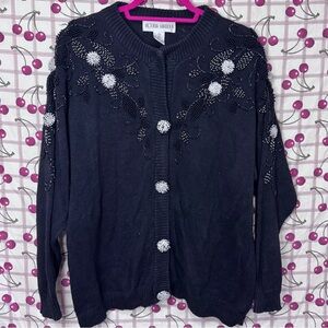 Vintage Victoria Harbour Black Cardigan with Floral Accents